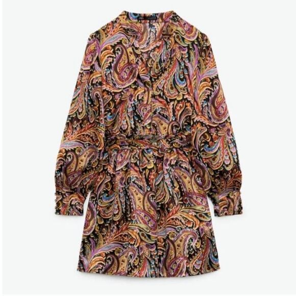 Zara Boho Paisley Mini Dress Long Sleeve Gold Details V Neck Multicolor Size L - Picture 5 of 16